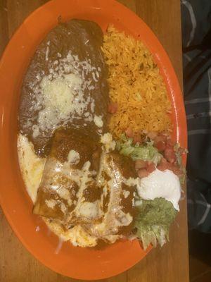 Chicken chimichanga with rice and beans