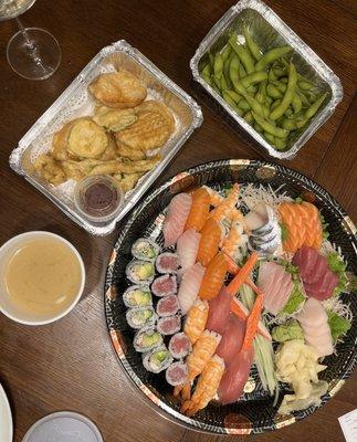 Sushi & sashimi combo, vegetable tempura, edamame