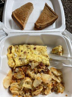 Excellent takeout! Bacon and cheese omelet with home fries and wheat toast.