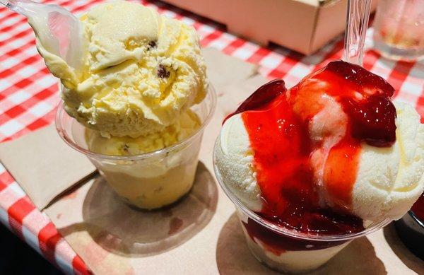 Ice Cream from the ice cream parlor...Butter Pecan on the left and Cake Batter with strawberry toppings on the right