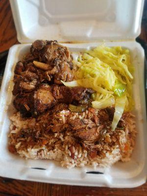 Brownstew Chicken, rice n peas, cabbage