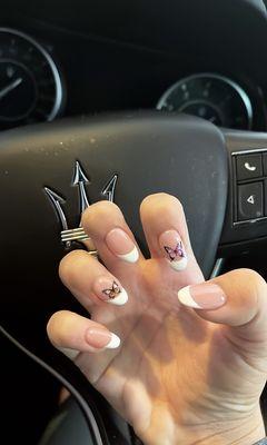 September 2022 - Acrylic French Tip with butterfly stickers by Ashley