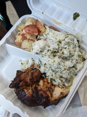 1/4 chicken white, cilantro white rice, potatoes