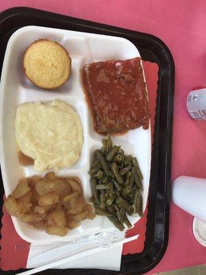 Meatloaf, green beans, creamed potatoes, apples, and cornbread