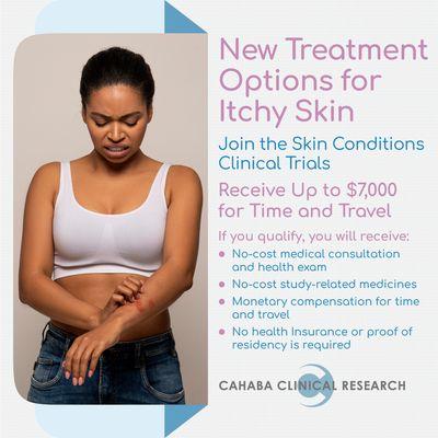 Struggling with itchy skin? 


We're offering new treatment options in our Skin Conditions Clinical Trials, and you coul...