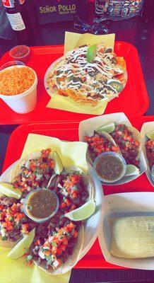 Pollo Nachos, asada tacos, elote tamale, side rice