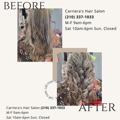 Carriera's Hair Salon 
(210) 337-1033
M-F 9am-6pm 
Sat 10am-6pm Sun. Closed