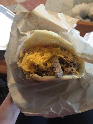 Shredded beef arepa - looks of cheese and there is also pico de Gallo inside