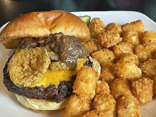 Southern Jam burger with tater tots