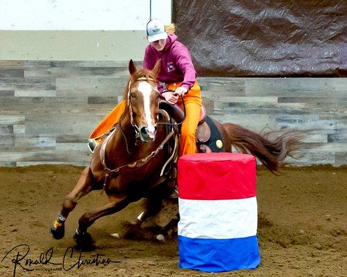 Shot from the Mt Hood Center's Run & Done Barrel Race in their Wy'east Arena