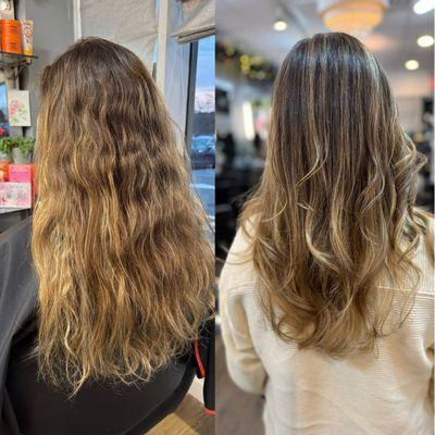 Before and after. 
Balayage, highlights, haircut, haircut with layers, face frame, toner, glaze