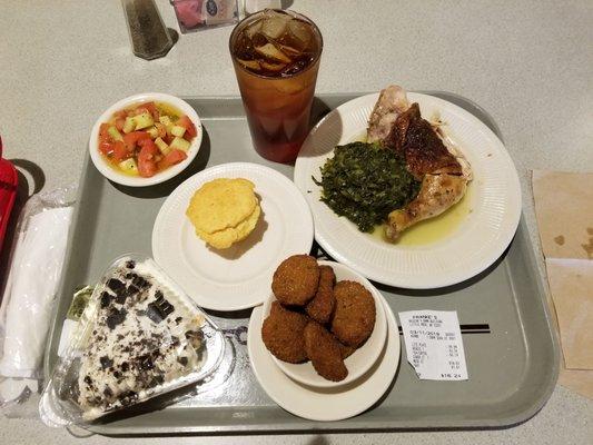 Baked chicken, zucchini, salad, sweet tea