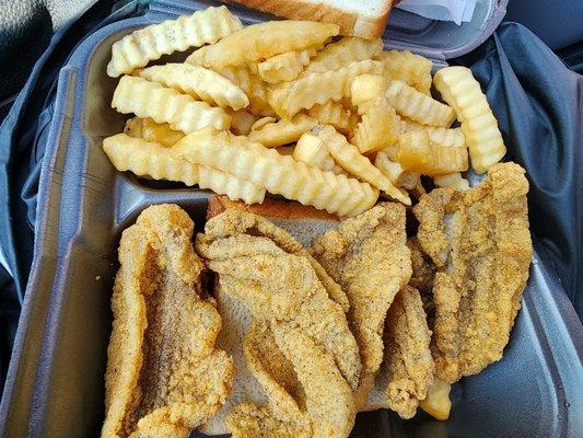 4 piece catfish with fries. Cost $18.25 with card.