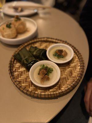 Banh Beo - Steamed Rice Cakes) w/minced shrimp, scallion oil & Banh Bot Loc (Shrimp & Pork Tapioca Dumplings)