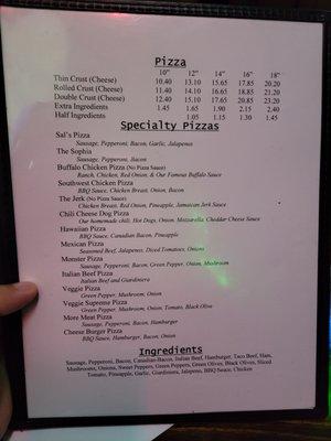 Pizza Menu