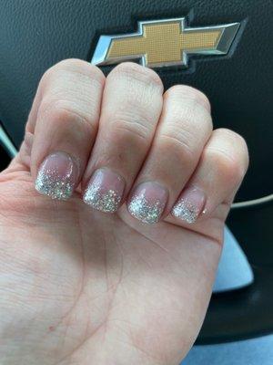 The sparkles were supposed to be fanned up. Instead they were blobbed on and i had huge dents between the sparkles and pink on my nails