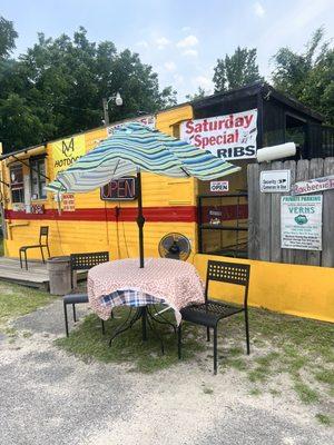 One small seating area (with a fan, which actually really felt cool and comfortable in 90+ degree weather)