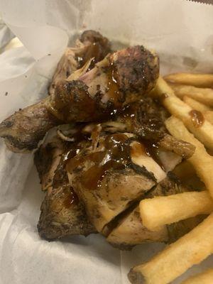 Jerk Chicken and fries.