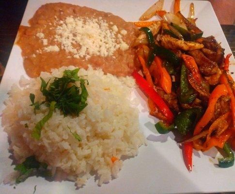 Chicken fajitas, rice, and beans. My husband really loved the rice.