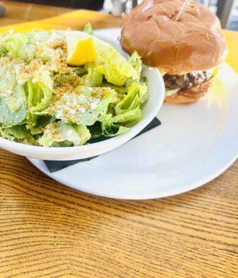 Truffle burger and Caesar salad