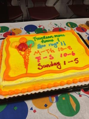 2014 cake celebrating our first Sunday hours.  The Library was 47 years old!