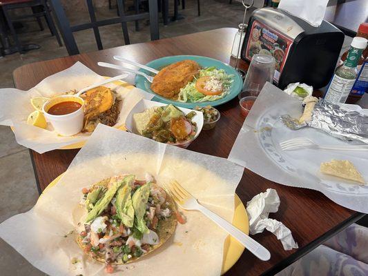 Birria taco, burrito, Chile-Relleno, Tostada de Camaron and Pulpo.