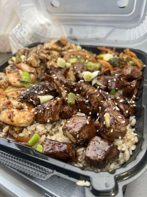 3 meat plate chicken, NY Steak & Shrimp with fried rice