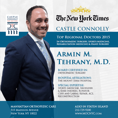 For a second year in the row Dr. Tehrany has been recognized and acknowledged as Castle Connolly's Top Regional Doctor.