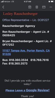 Lesley's email signature. Note that she uses word Agent with Ron and Bryan. Office Representative with herself.