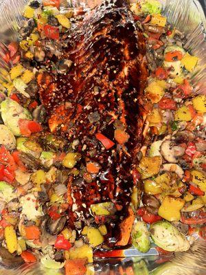 Fire Roasted Veggies with Grilled Teriyaki Salmon