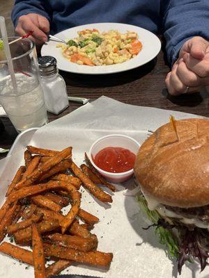 Double Mushroom Swiss burger with sweet potato fries. Chicken bacon Mac cheese.