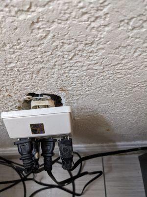 Dangerous wiring next to filthy bed.