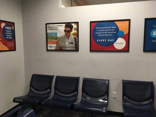 Eye exam waiting area - cold metal chairs like you see in a bus terminal