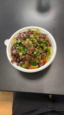 Beef bowl, white rice, veggies, onion, magic sauce