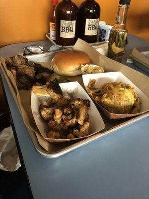 Burnt ends with squash casserole and smoked cauliflower