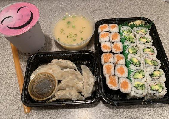 Salmon Roll, California Inside Out Roll, Taro Milk Tea, Miso Soup, Gyoza