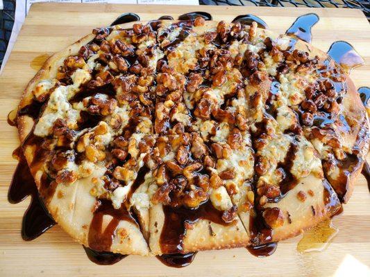 Focaccia with gorgonzola, candied walnuts, balsamic and honey drizzle