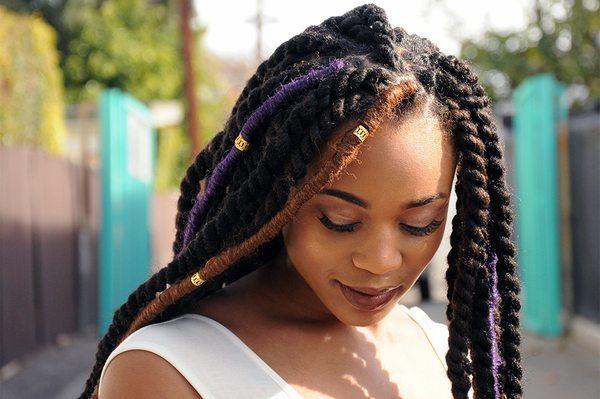 Ebony Roots Hair - Long Twist Extensions with Purple Loc and Hair Jewelry.