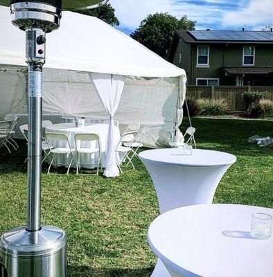 20x40 Wedding Tent - Outdoor Patio Heater - Belly Bars with White Spandex