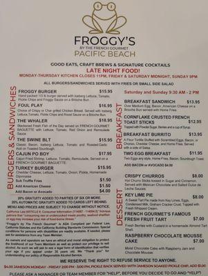 Back page of the menu