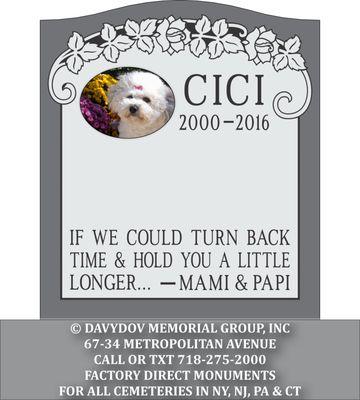 Computer rendering of Traditional Gray granite monument for Hartsdale Pet Cemetery in Hartsdale, NY