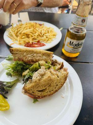 Tuna, Alex sandwich, haystack fries, and a cold beer