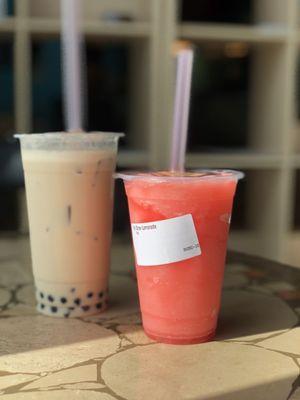 Coconut milk tea with tapioca pearls and the frozen strawberry blend.