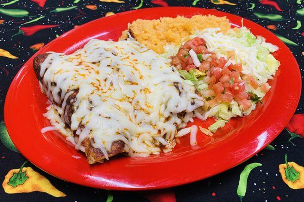 Enchiladas- 3 Chicken, shredded beef  or cheese enchiladas with your choice of red or green sauce. Served with rice and tossed salad.