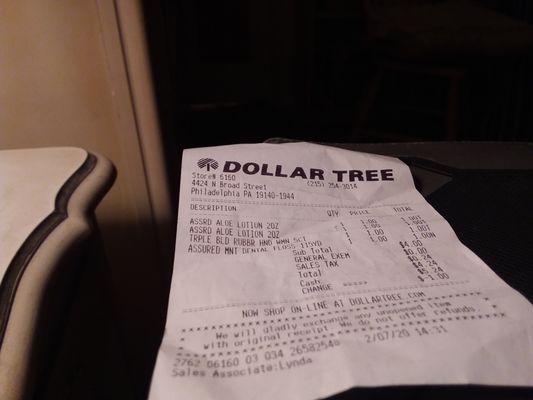 My Dollar Tree receipt. Not this location ever again!!