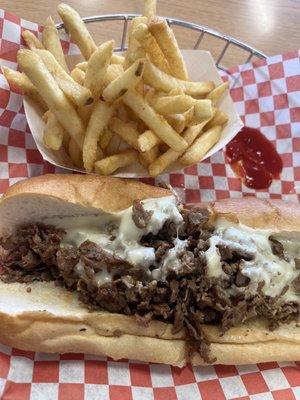 Cheese Steak Hoagie Sandwich and French Fries