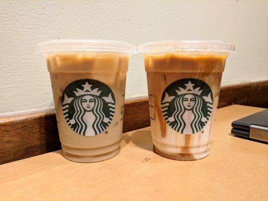 Left: Iced vanilla latte. Right: Iced caramel macchiato. Both size tall. $8.86 total, after tax, before tip.