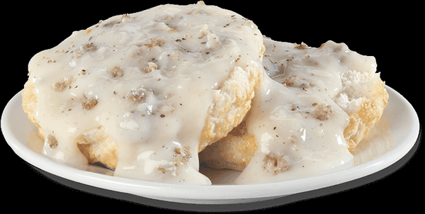 The Southern Belle a breakfast favorite. We start with our zesty home-made sausage gravy thick and rich ladled onto two Buttermilk biscuits.