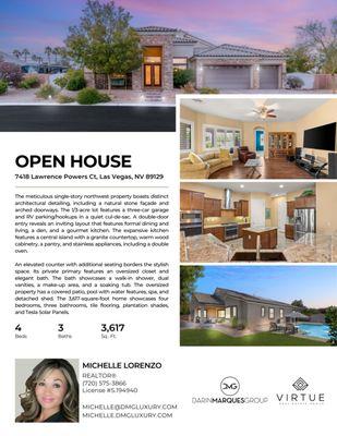 Open House - Friday, December 20, 2024
11am to 2pm. Call Michelle 702-375-2396 for details.