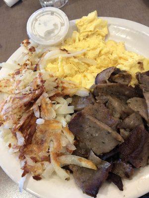 Scrambled eggs, gyro meat and hash browns. All tasty!